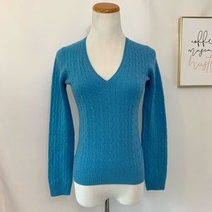 J Crew blue cable knit v neck cashmere sweater